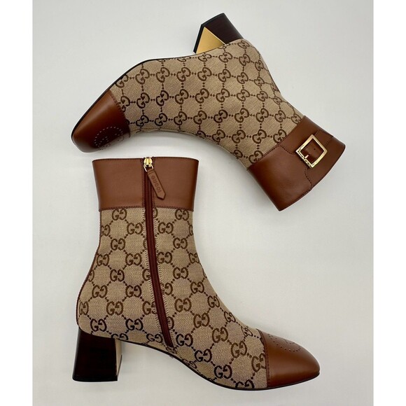 Gucci Ellis GG Logo Leather Trimmed Ankle Boots Camel Ebony Canvas EU 39.5 US9.5 - Picture 5 of 14